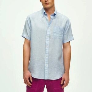 EUC Brooks Brothers Regular Fit Blue Short Sleeve Linen Button Down Shirt XL